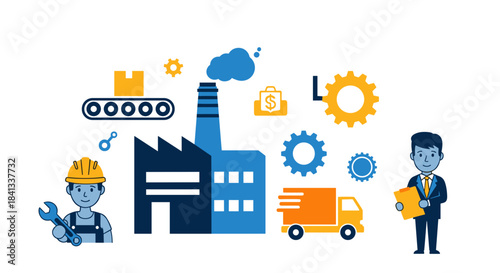 Industry and logistics vector factory production engineering business management and shipping