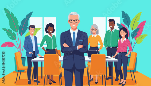 Diverse business team led by a confident senior executive meeting in a bright modern office environment