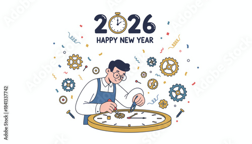 A clockmaker fixes time for 2026 representing New Year planning precision and business goals
