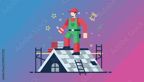 Worker in Santa hat fixes roof shingles with tools Christmas construction service and home repair vector