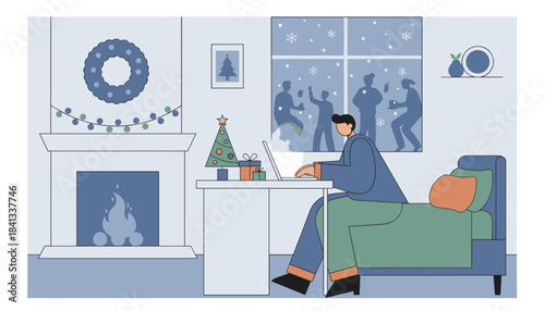 Focused worker uses laptop near a fireplace while holiday parties happen outside in the snow