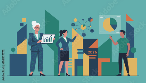 Diverse team analyzing business charts and 2026 strategy Flat design vector illustration