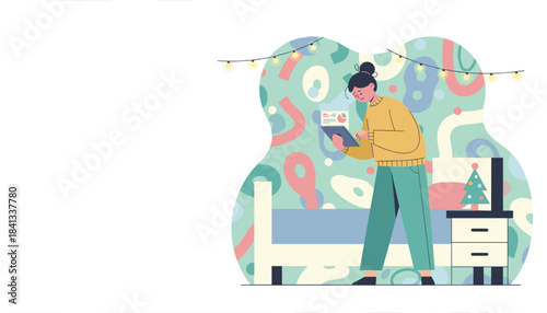 Woman stressed checking data on tablet during holidays at home Remote work anxiety