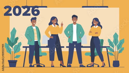 Happy diverse business team achieving goals in 2026 Corporate success concept