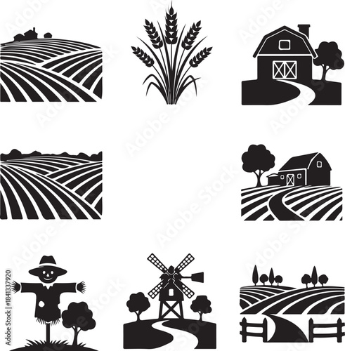 Black and White Farm and Agriculture Icons landscape