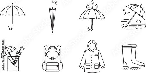 Collection of black and white outline icons for rainy weather