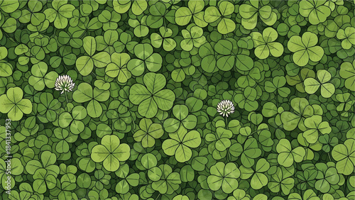 A seamless, vibrant illustration of a dense field of green clover leaves with two small white flowers, creating a lucky and natural texture or pattern.