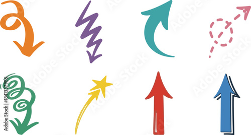 Colorful Hand- Drawn Arrow and Starburst Icons direction