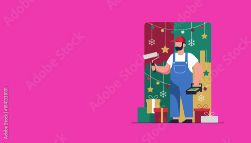 A painter prepares a room for the Christmas holidays holding a roller and toolbox Festive renovation concept
