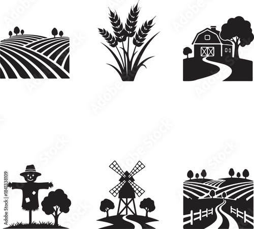 Farm landscape and agriculture icons Keywords: farm, agriculture, field, landscape, rural