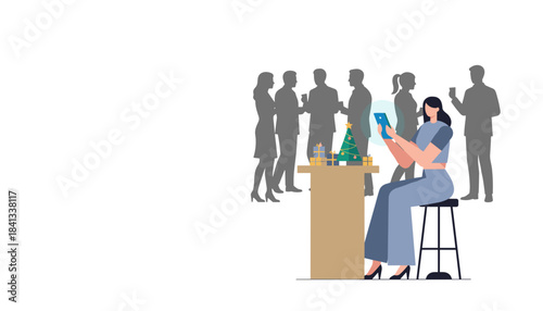 Woman scrolls on tablet at a Christmas office party isolated from socializing business colleagues