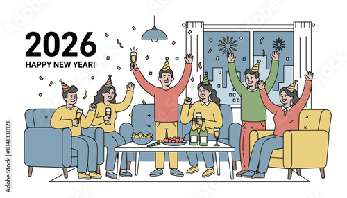 Happy New Year 2026 illustration Cheerful friends celebrating with champagne and confetti indoors