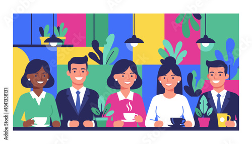 Business team enjoying a coffee break in a vibrant modern office lounge Diversity and collaboration