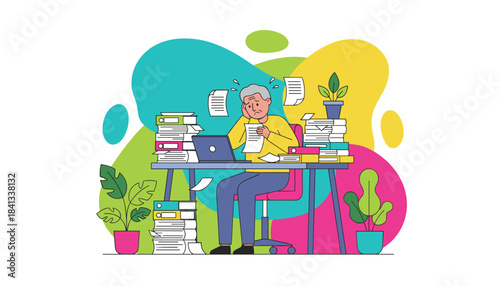 Overwhelmed man stressed by huge paperwork piles and business workload