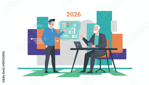 Future business strategy and financial planning for 2026 Data analysis meeting illustration