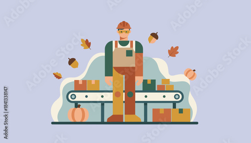 Worker in safety gear managing warehouse logistics and autumn shipping boxes on a conveyor belt