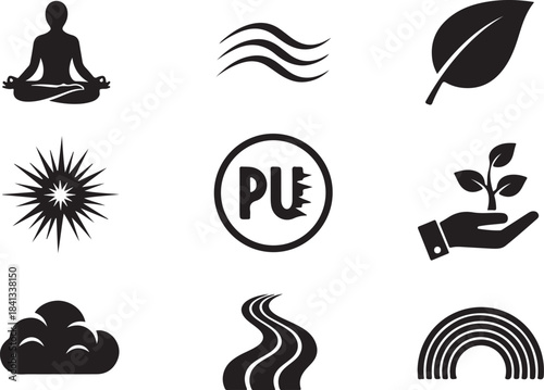 Nature and wellness icons in silhouette meditation