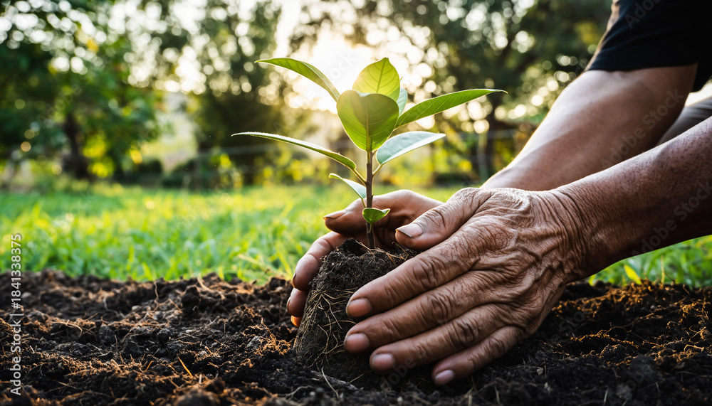Fototapeta premium Wise hands gently plant a vibrant seedling into fertile soil, bathed in golden light. Symbolizing new beginnings, growth, environmental stewardship, and investing in the future.