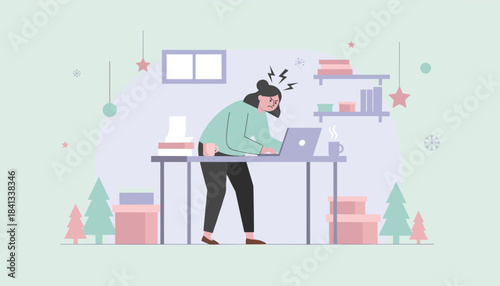 Stressed worker struggling with a laptop deadline during the busy Christmas or winter holiday season