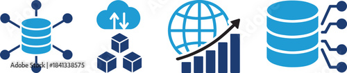 Colorful big data icon set with servers, analytics, cloud storage and tech elements for digital use.