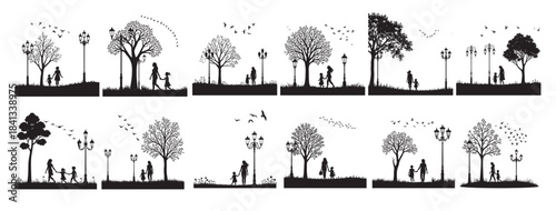 Black silhouette of families walking in park scenes with trees and lampposts