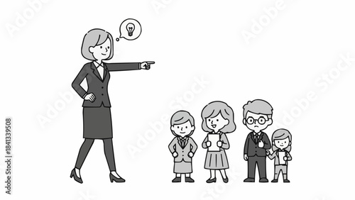 Businesswoman pointing with an idea lightbulb above her head.