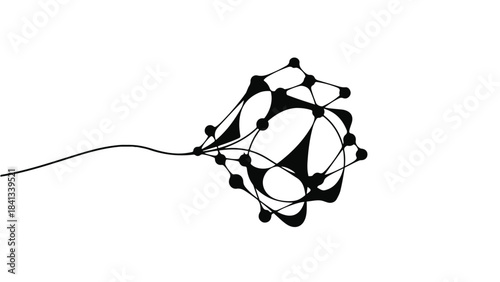 Black and white molecular structure network illustration with connected nodes and lines on white background for science and technology concepts
