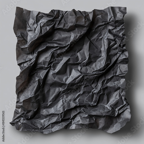 Crushed black paper texture with shadow on gray background