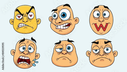 Six Cartoon Faces Expressing Different Emotions and Expressions.