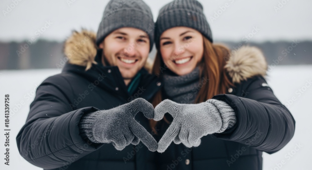 Fototapeta premium Happy couple in winter clothes making heart shape with gloved hands. Smiling man and woman enjoying snowy day outdoors together. Love, relationship and cold season concept.