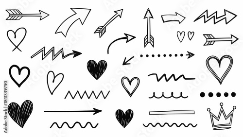 Hand Drawn Arrows Hearts Crown and Wavy Lines Doodle Elements.