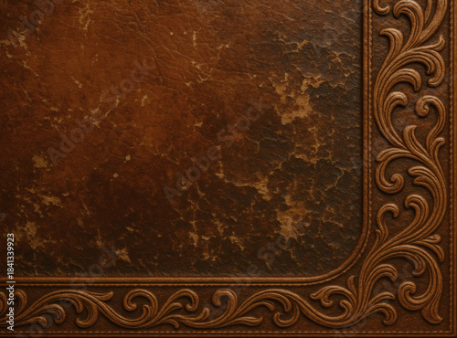 Worn brown leather with embossed scroll border – vintage floral frame texture mockup