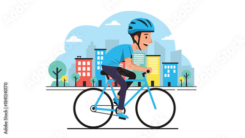 Man riding a bicycle in a city with colorful buildings and trees in the background illustration