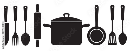 collection of black silhouettes of kitchen utensils 