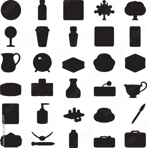 Black silhouette icon grid, household objects, abstract shapes, containers, tools, tree, brush, bottle, suitcase, soap dispenser, minimal design elements