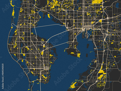 Minimalist map of Tampa Bay, Florida, noir yellow color palette
