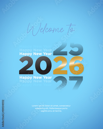 Modern, vertical vector greeting card or poster featuring bold, stylized numbers for 2026 in gold and black on a soft blue background for a New Year's celebration.