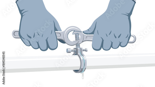 Hands in gloves using pipe wrench to tighten pipe fitting on