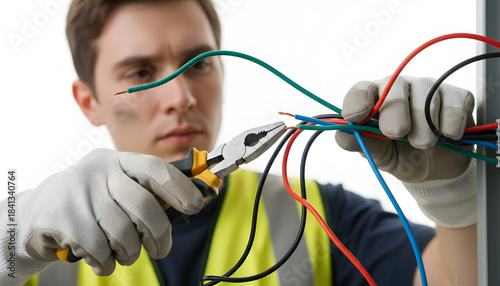 Electrician connecting wires with tools bright white background.