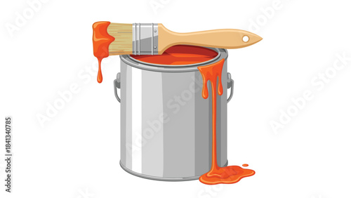 A paint can with a paintbrush on top and red paint dripping from the brush and can