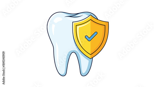 A cartoon tooth with a shield and checkmark on it, symbolizing dental health and protection