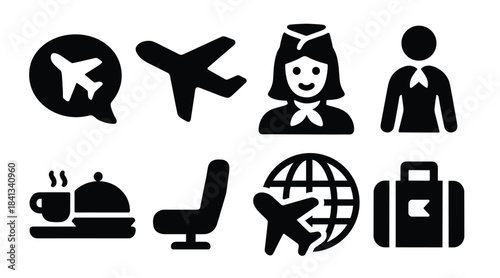  flight attendant icons set collection of black airline 