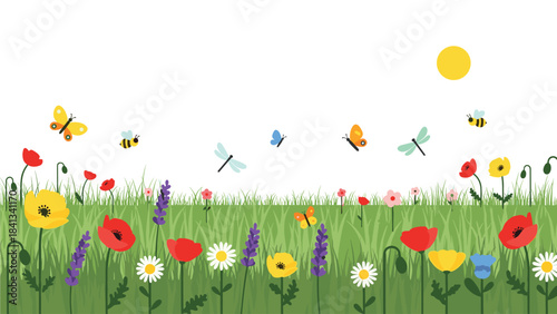 Colorful illustration of a vibrant meadow with flowers, butterflies, and insects on a sunny day with a