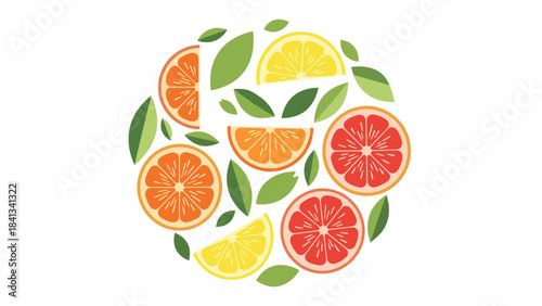 Colorful arrangement of sliced citrus fruits with green leaves on