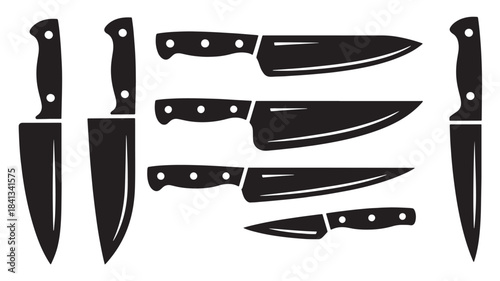 collection of black silhouette kitchen knives on a white