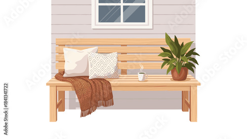 A cozy wooden bench with pillows and a plant on a house porch with a window