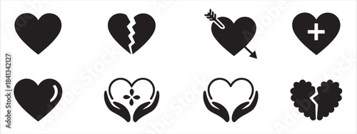 collection of nine black heart icons on white background 