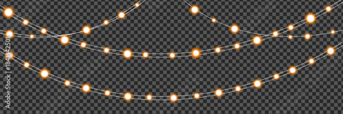 Vector Christmas Lights Garland on Transparent Background. Glowing Festive String Light Decoration