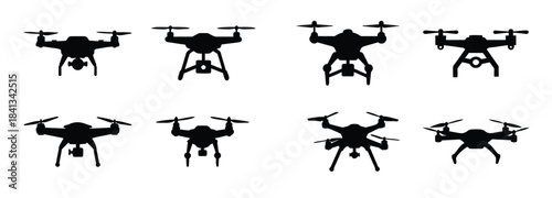 Drone Silhouette - Black Vector Quadcopter Icon with Camera