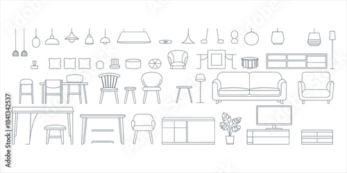 Outline icons of furniture and home decor items for interior design and decoration Keywords: furniture, interior, design, decor